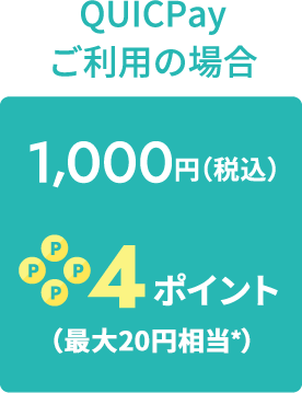 QUICPayご利用の場合1,000円(税込)→4ポイント(20円相当)